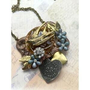 Vintage Mixed Metal Swallow Necklace Floral Rhinestone Charm Collage Statement